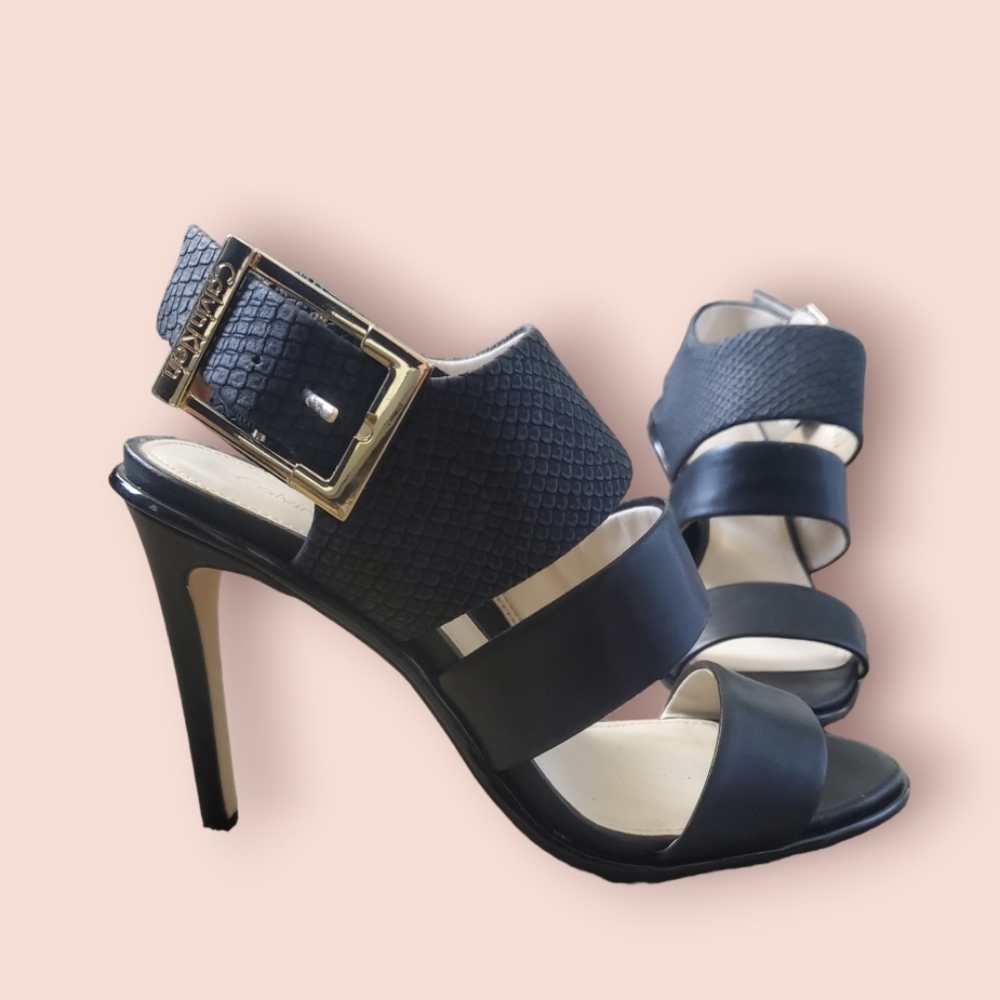 Calvin Klein Black/Gold Strap Sandal Heels , 7